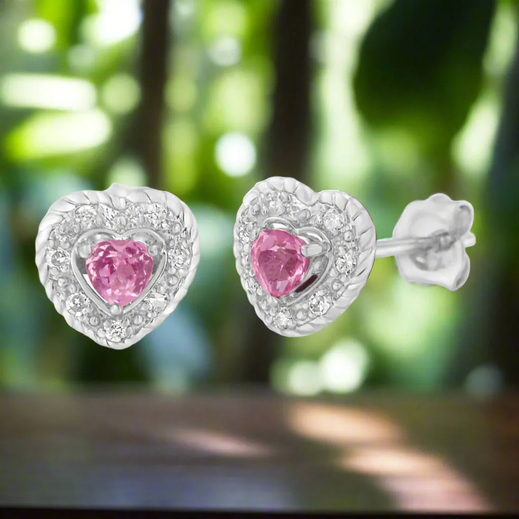 Sterling Silver Heart Earrings with Created Pink Sapphire & Diamond Accents, 5/8" Rope Design