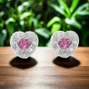 Sterling Silver Heart Earrings with Created Pink Sapphire & Diamond Accents, 5/8" Rope Design