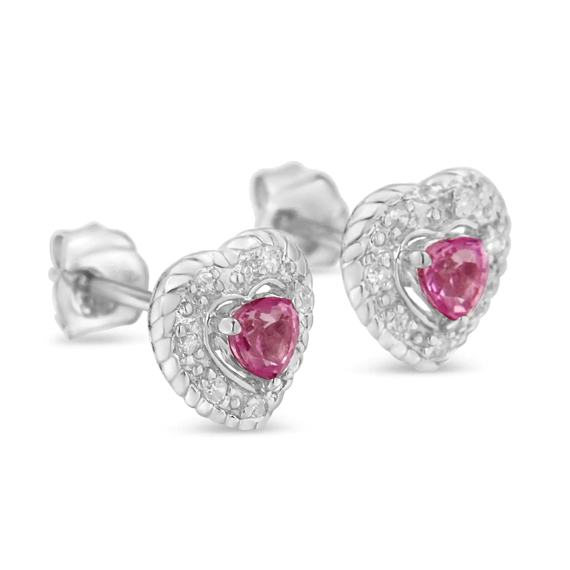 Sterling Silver Heart Earrings with Created Pink Sapphire & Diamond Accents, 5/8" Rope Design