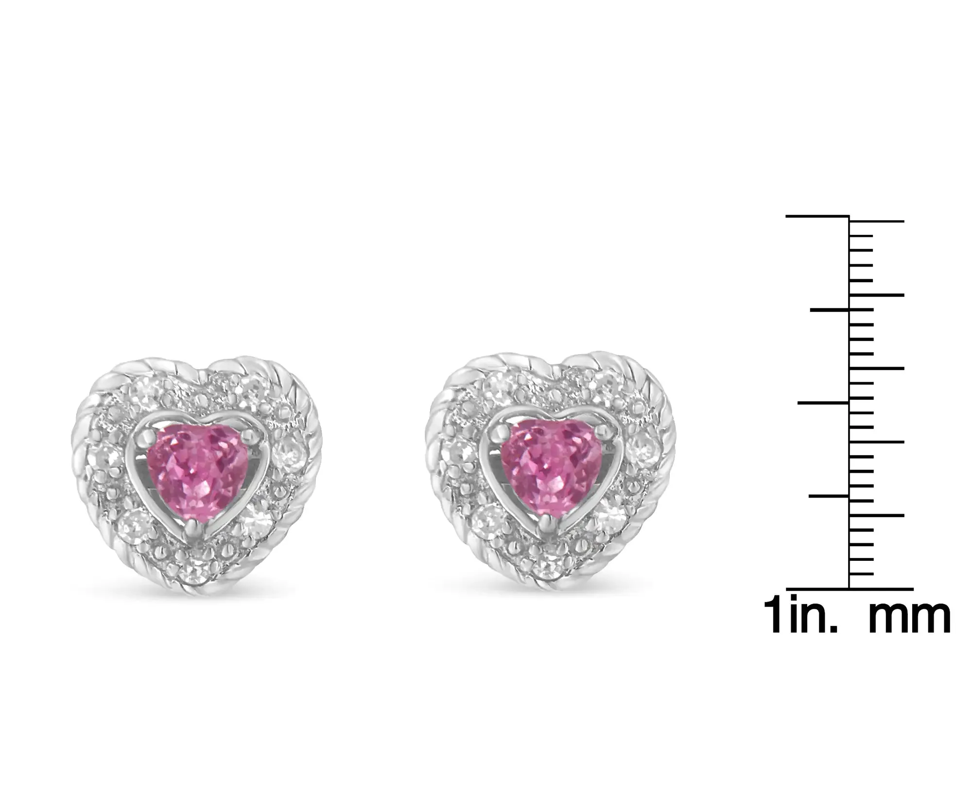Sterling Silver Heart Earrings with Created Pink Sapphire & Diamond Accents, 5/8" Rope Design