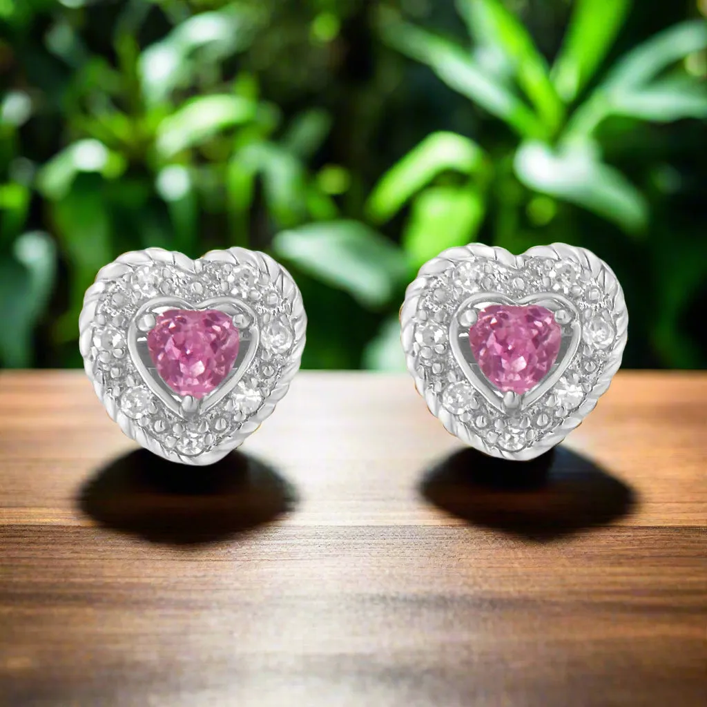 Sterling Silver Heart Earrings with Created Pink Sapphire & Diamond Accents, 5/8" Rope Design