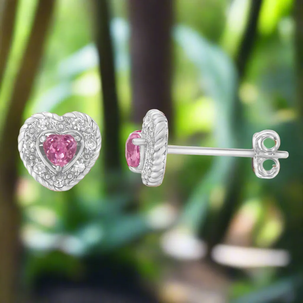 Sterling Silver Heart Earrings with Created Pink Sapphire & Diamond Accents, 5/8" Rope Design