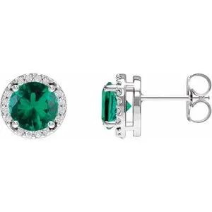 Sterling Silver Lab-Grown Emerald & 1/10 CTW Natural Diamond Halo-Style Earrings