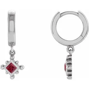 Sterling Silver Lab-Grown Ruby Beaded Bezel-Set Hoop Earrings