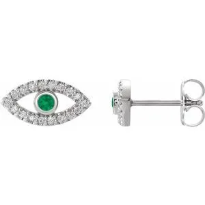 Sterling Silver Natural Emerald & Natural White Sapphire Evil Eye Earrings
