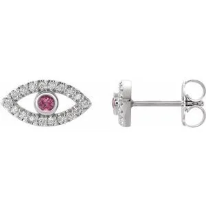 Sterling Silver Natural Pink Tourmaline & Natural White Sapphire Evil Eye Earrings