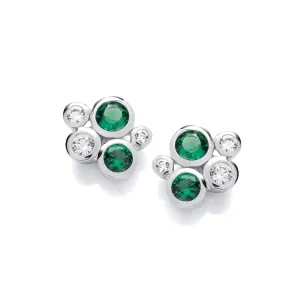 Sterling Silver Rhodium Plated & Emerald Cubic Zirconia Bubble Cluster Stud Earrings