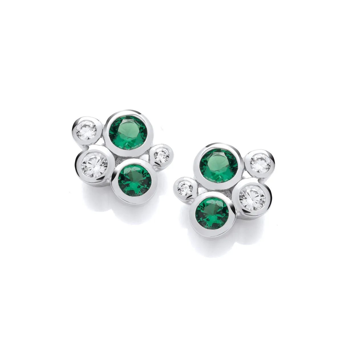 Sterling Silver Rhodium Plated & Emerald Cubic Zirconia Bubble Cluster Stud Earrings