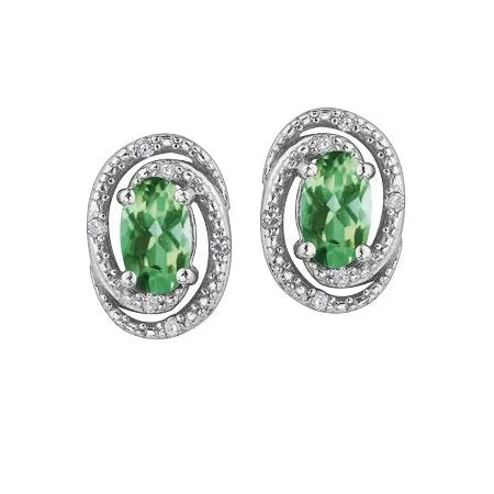 Sterling Silver Rhodium Plated (May) Birthstone Emerald and Diamond Stud Earrings