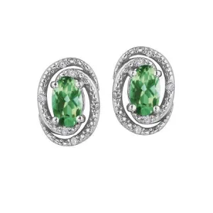 Sterling Silver Rhodium Plated (May) Birthstone Emerald and Diamond Stud Earrings