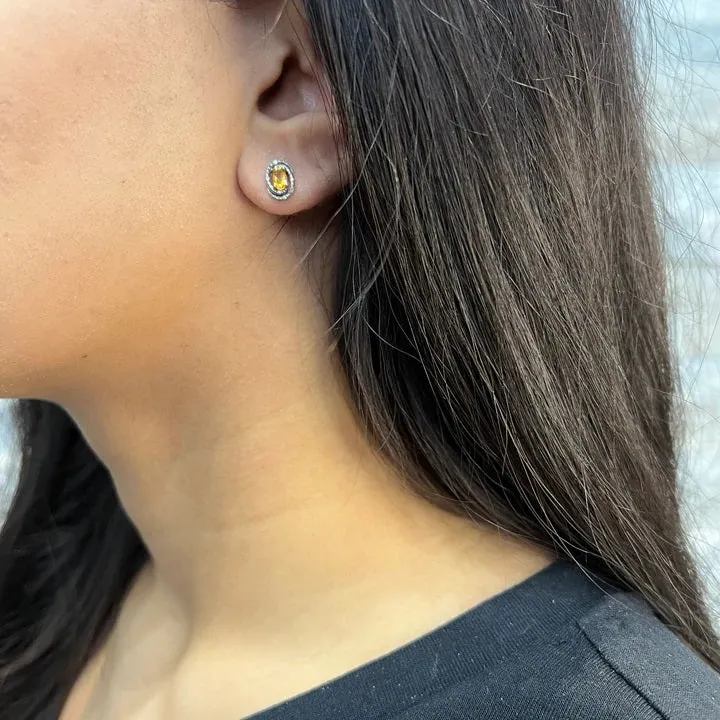 Sterling Silver Rhodium Plated (May) Birthstone Emerald and Diamond Stud Earrings