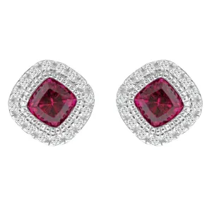 Sterling Silver Rhodium Plated with Cushion Simulated Ruby and CZ Halo Stud Earrings