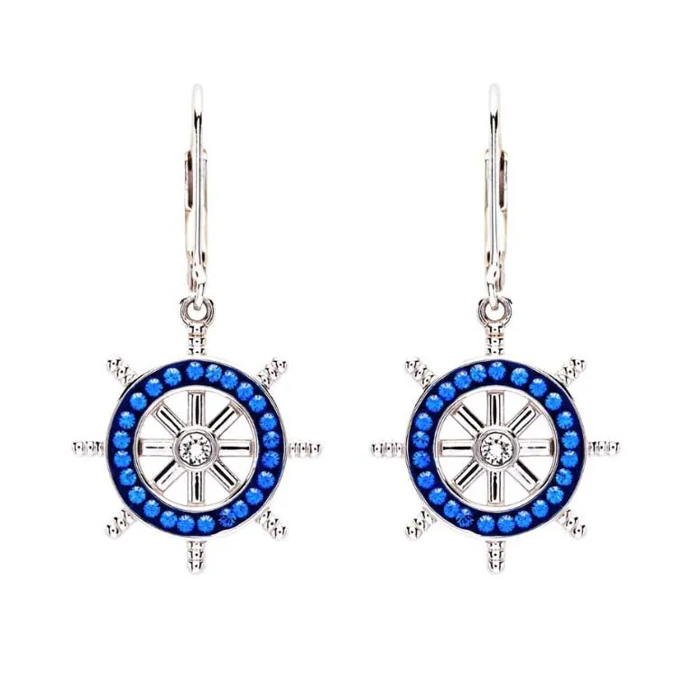 Sterling Silver Silver Crystal Round Dangle Ship Wheel Earrings