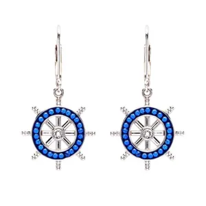 Sterling Silver Silver Crystal Round Dangle Ship Wheel Earrings
