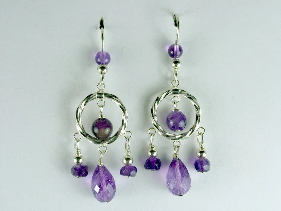 Sterling silver twisted circle, faceted Amethyst beads dangle earrings- February