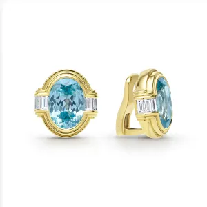 Studio 18K Gold Blue Zircon and Diamond Oval Earrings