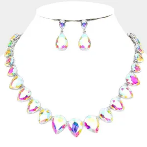 Teardrop Abalone Crystal Silver Evening Necklace Set