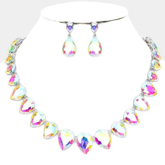Teardrop Abalone Crystal Silver Evening Necklace Set