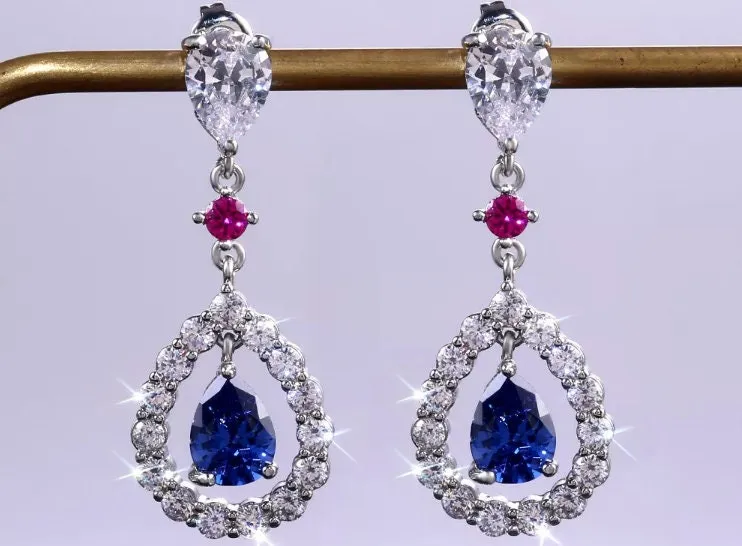 Teardrop Earrings | Blue Diamond Earrings | Diamond Earrings | Sapphire Blue Diamond Earrings | Womens Diamond Earrings | Dangle Earrings
