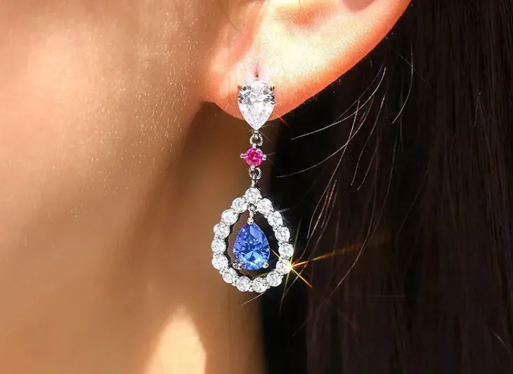 Teardrop Earrings | Blue Diamond Earrings | Diamond Earrings | Sapphire Blue Diamond Earrings | Womens Diamond Earrings | Dangle Earrings