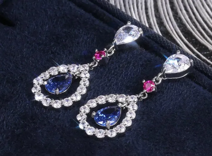 Teardrop Earrings | Blue Diamond Earrings | Diamond Earrings | Sapphire Blue Diamond Earrings | Womens Diamond Earrings | Dangle Earrings