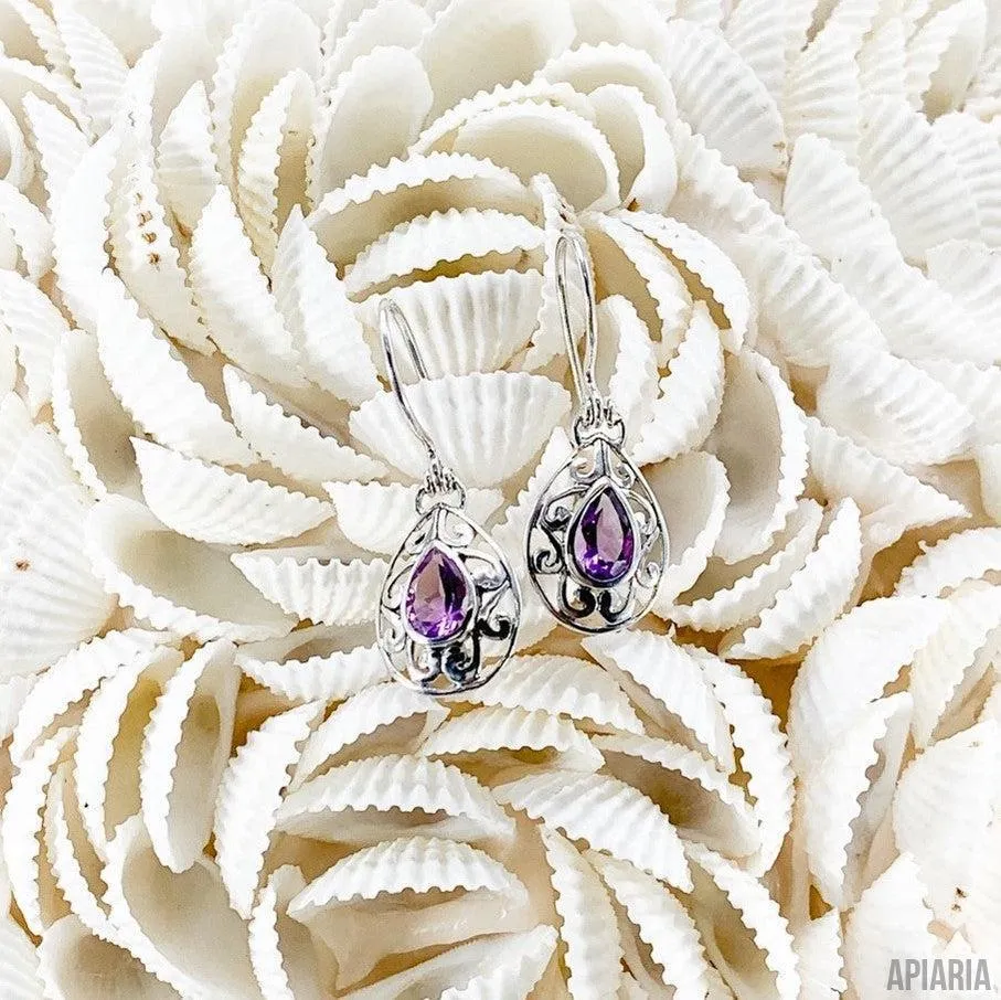 Teardrop Purple Amethyst and Filigree Earrings