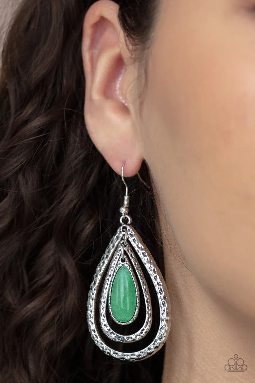 Teardrop Torrent - Green - Jade Teardrop Stone Hammered Silver Frame Paparazzi Fishhook Earrings