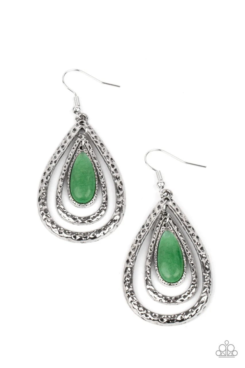 Teardrop Torrent - Green - Jade Teardrop Stone Hammered Silver Frame Paparazzi Fishhook Earrings