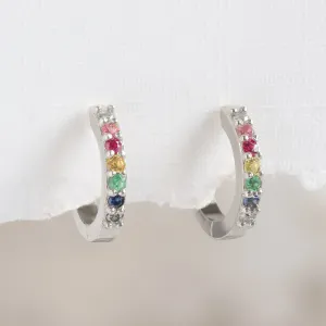 The Rainbow Sapphire Pavé Huggie Hoops | 14K White Gold