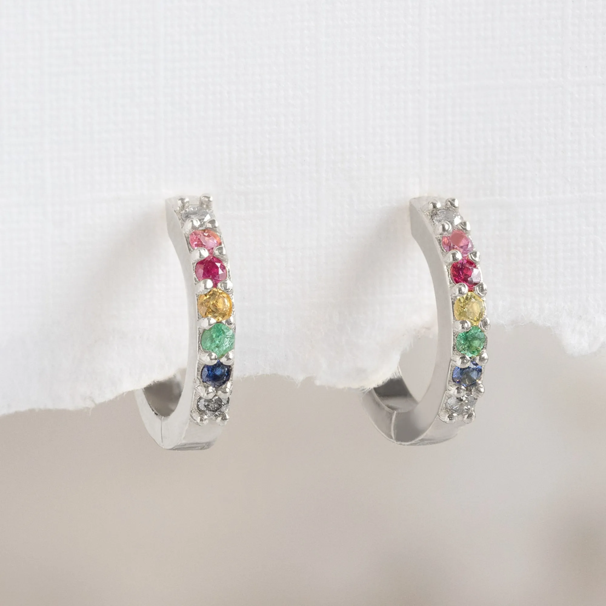 The Rainbow Sapphire Pavé Huggie Hoops | 14K White Gold