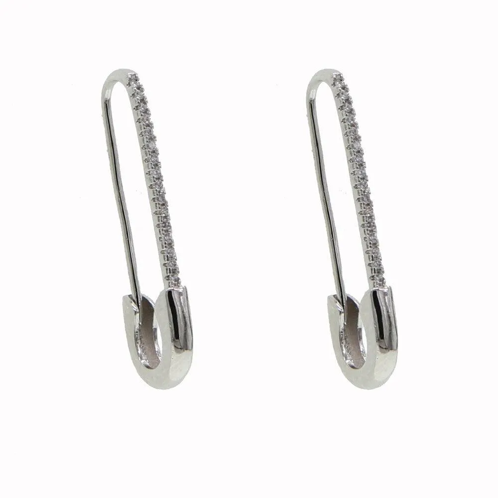 Tiny cute Gothic paved Safety Pin Long Stud Earrings Ear Threader
