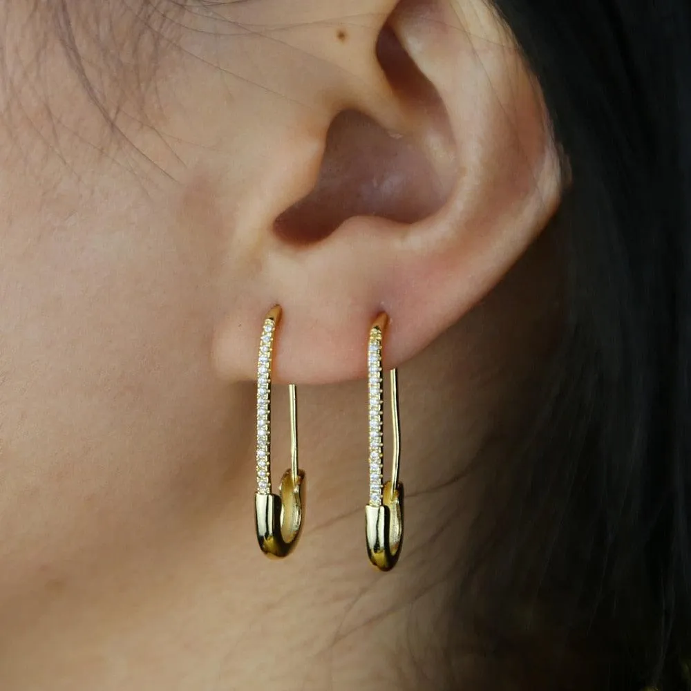 Tiny cute Gothic paved Safety Pin Long Stud Earrings Ear Threader
