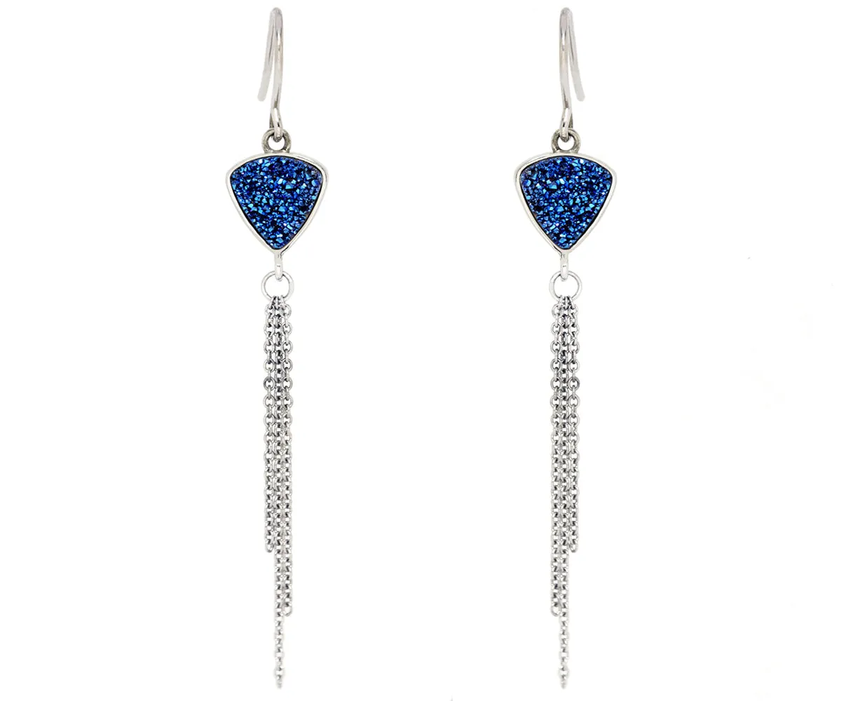 Triangle Dangling Chain Blue Druzy Earrings