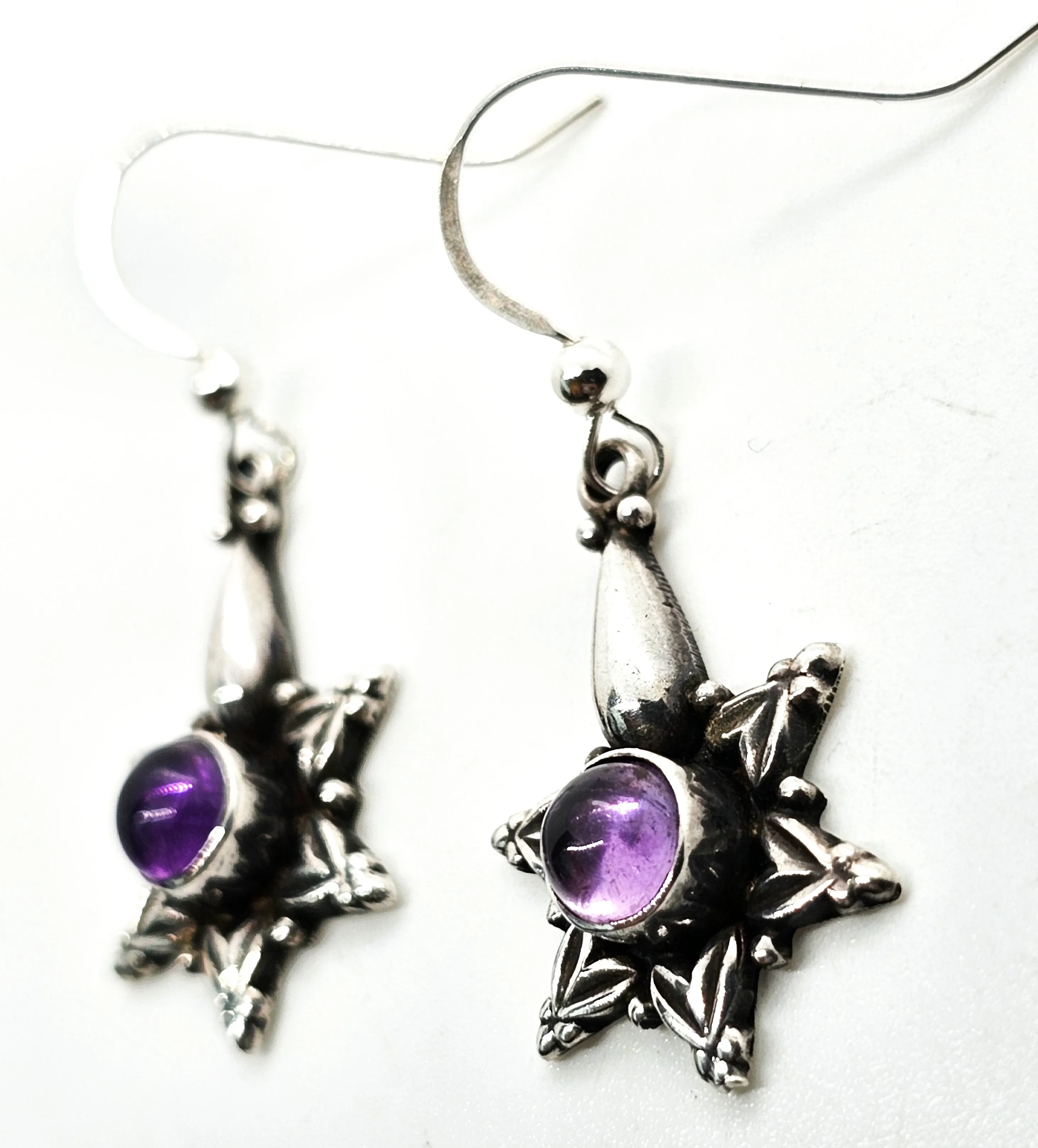 Tribal star purple amethyst gemstone Bali Balinese sterling silver earrings