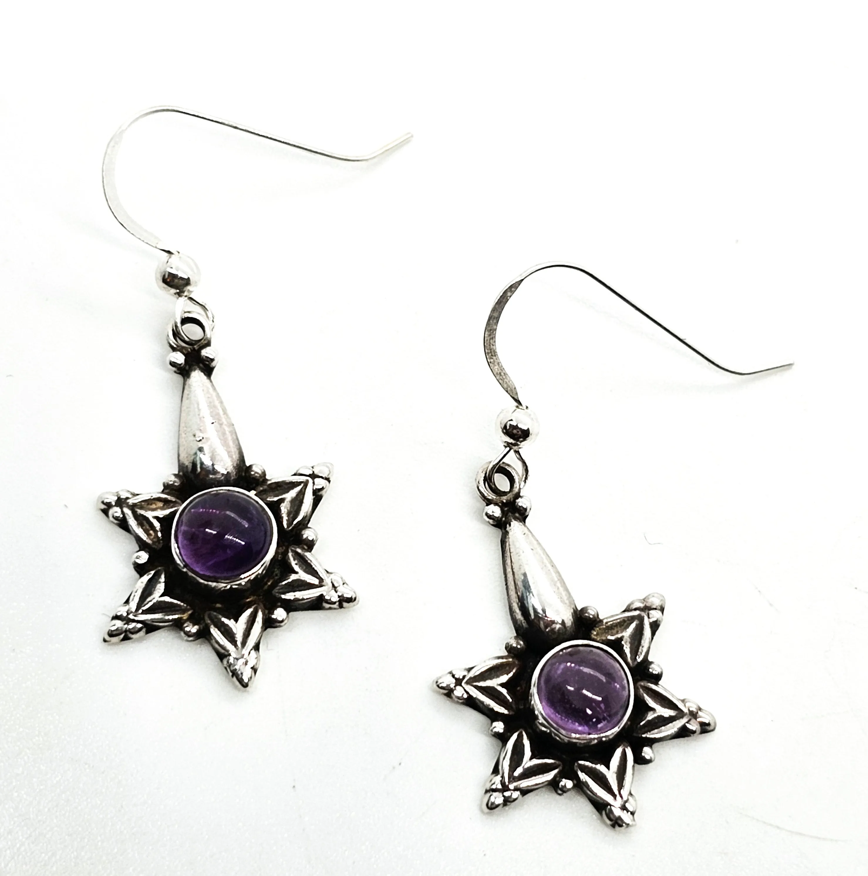 Tribal star purple amethyst gemstone Bali Balinese sterling silver earrings