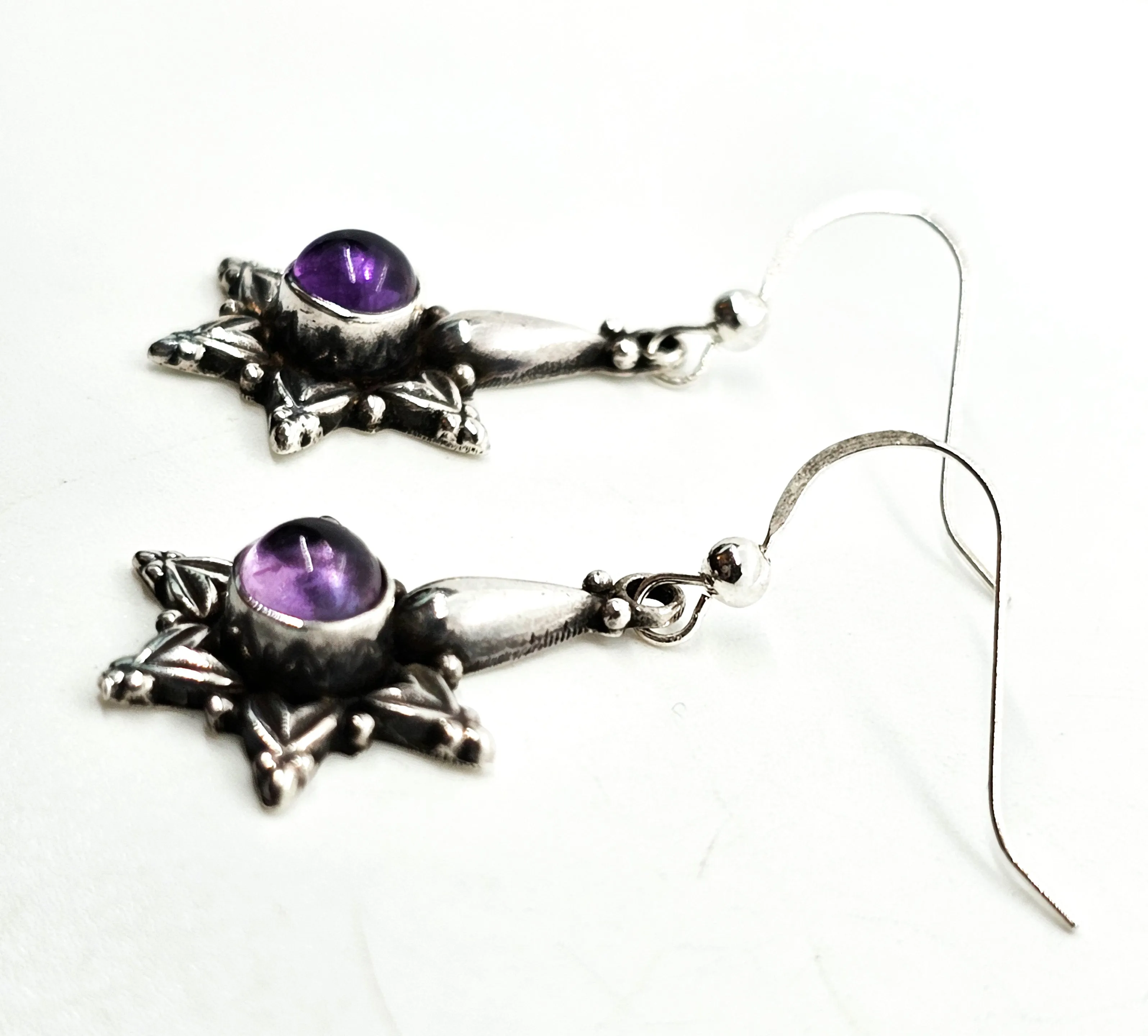 Tribal star purple amethyst gemstone Bali Balinese sterling silver earrings