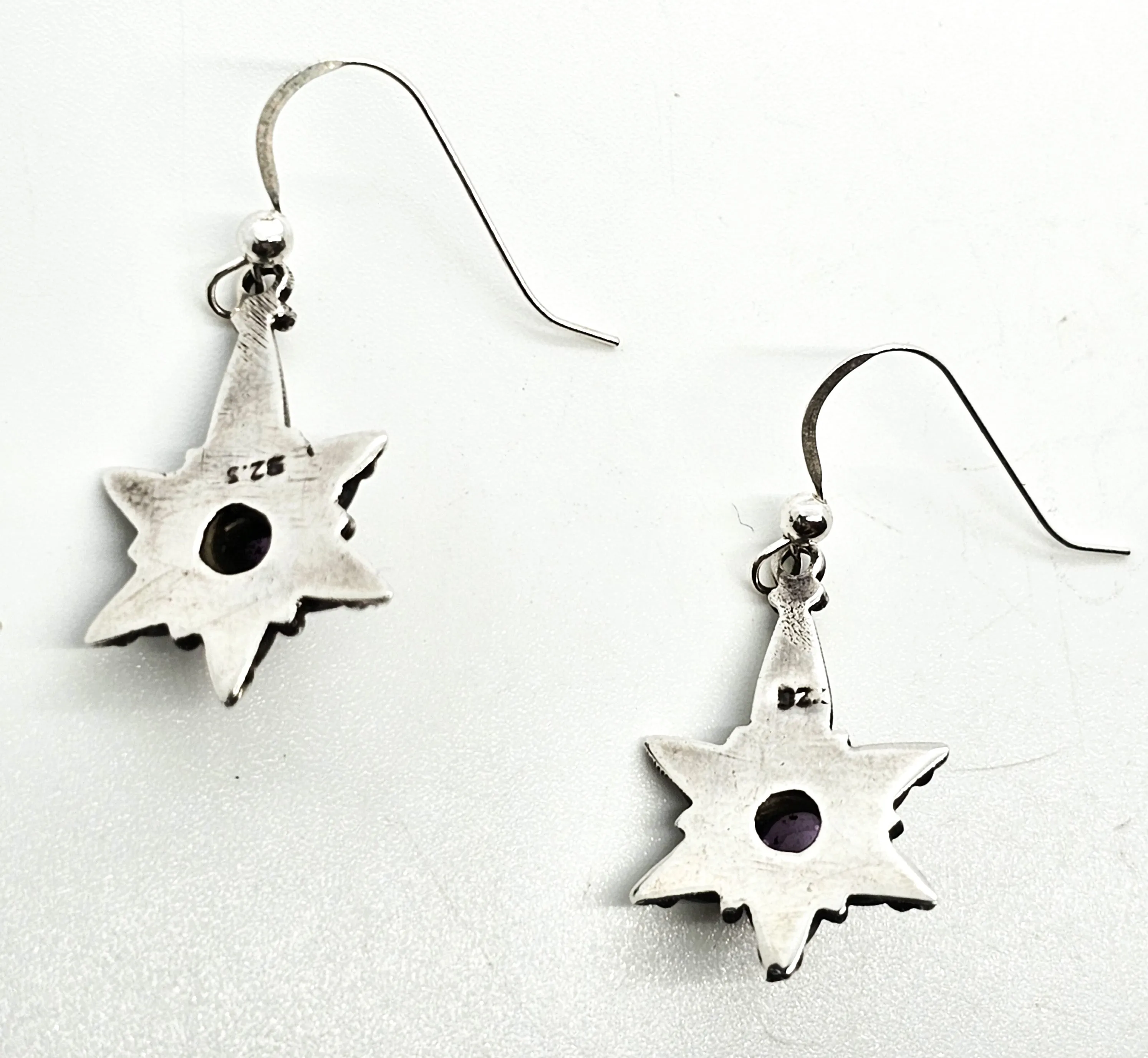 Tribal star purple amethyst gemstone Bali Balinese sterling silver earrings