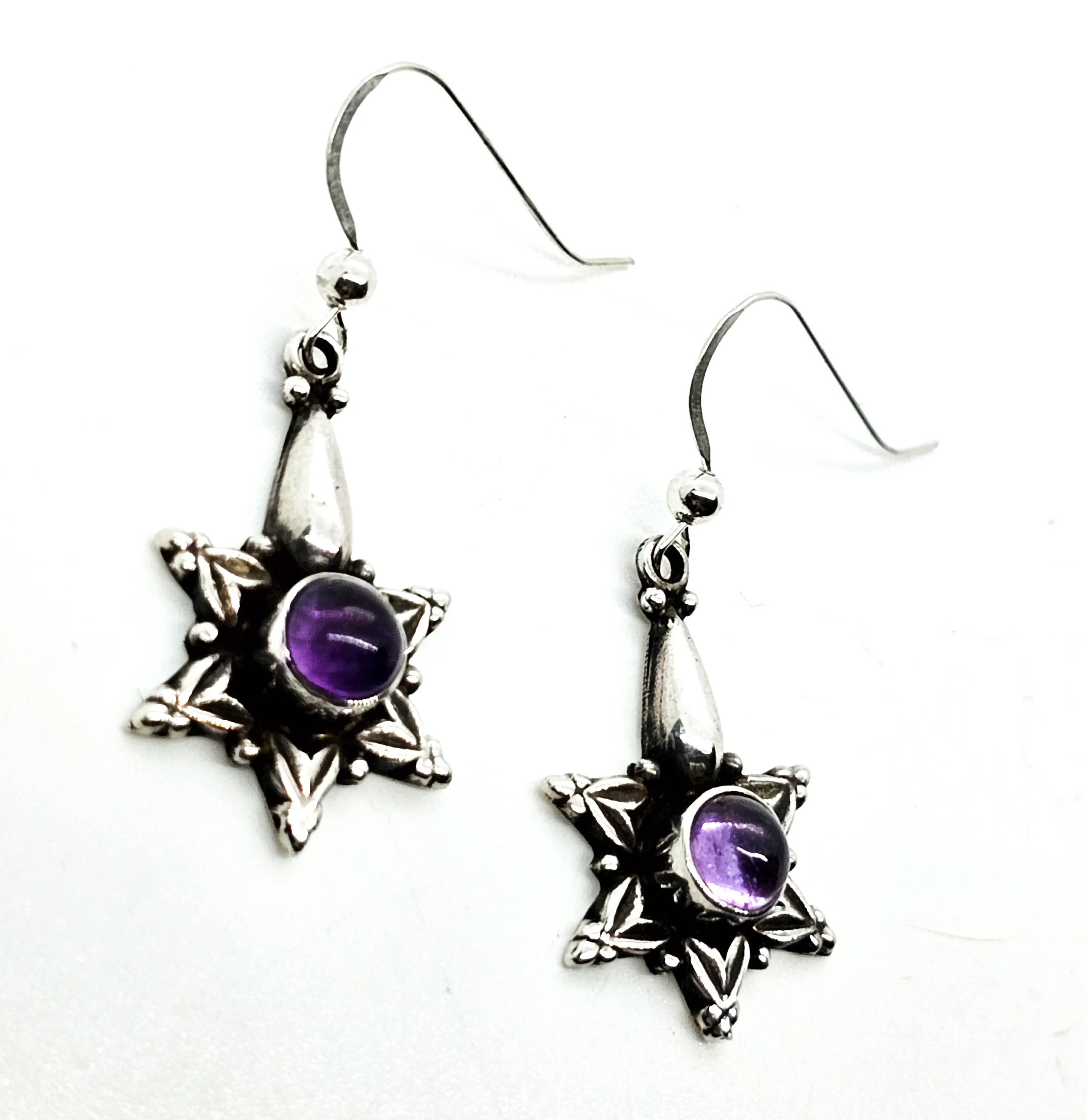 Tribal star purple amethyst gemstone Bali Balinese sterling silver earrings