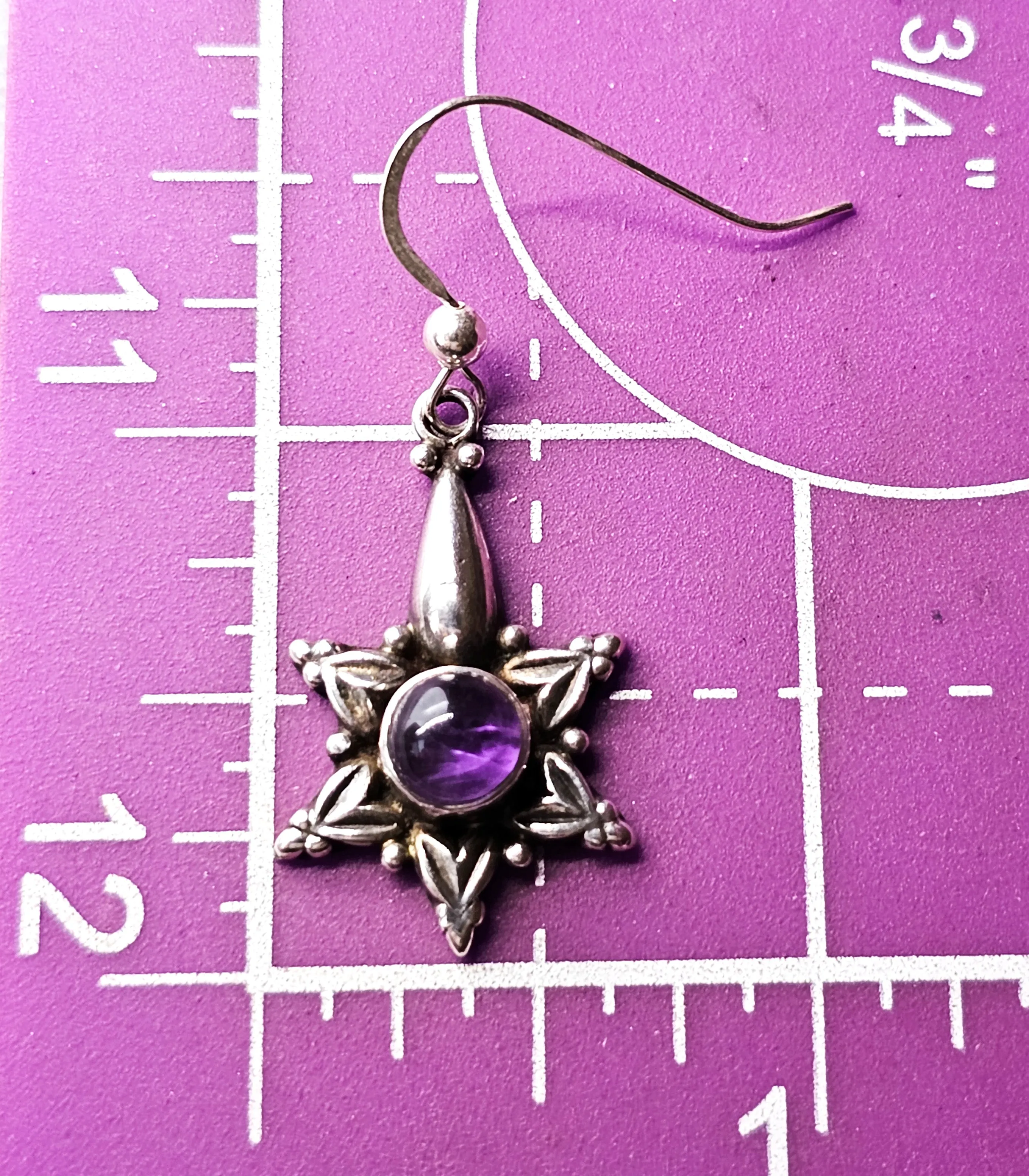 Tribal star purple amethyst gemstone Bali Balinese sterling silver earrings