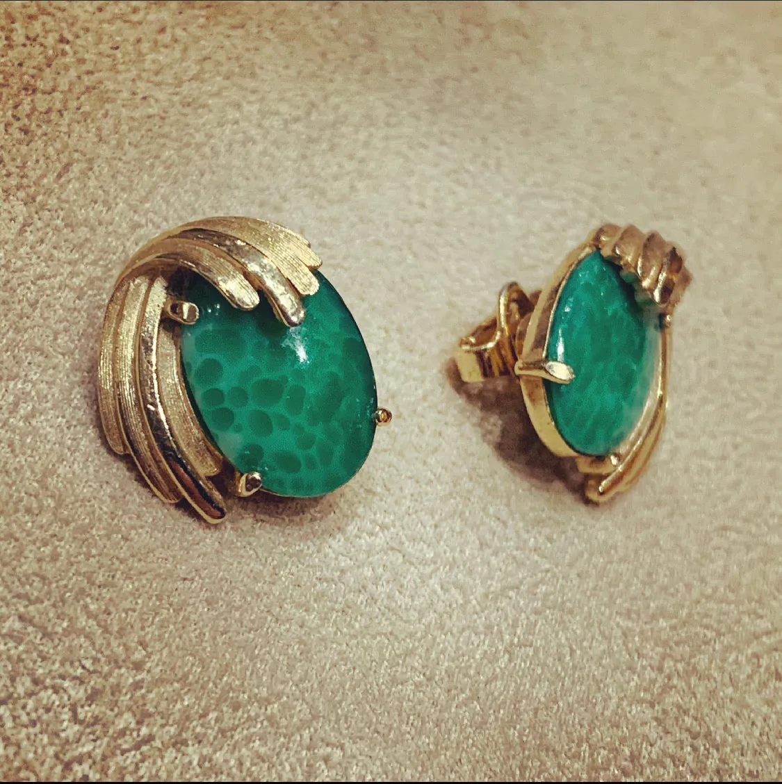 Trifari Vintage Jade glass clip on oval earrings