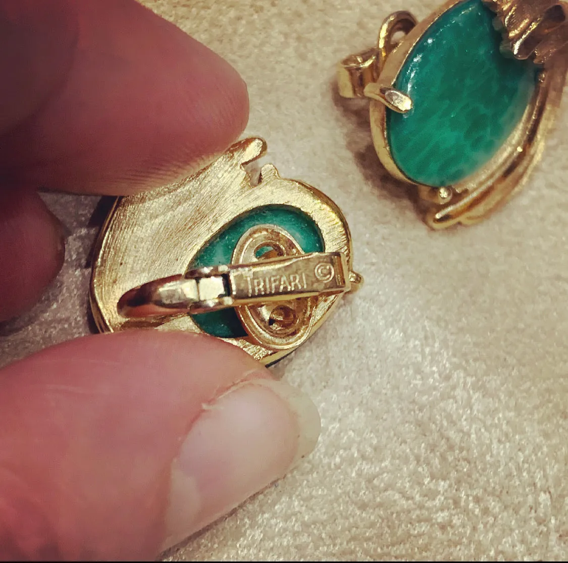 Trifari Vintage Jade glass clip on oval earrings