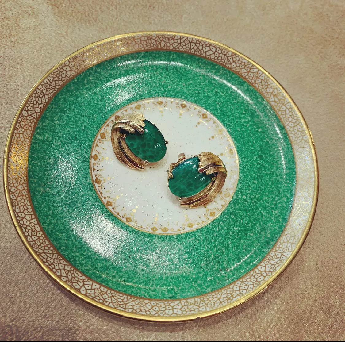 Trifari Vintage Jade glass clip on oval earrings