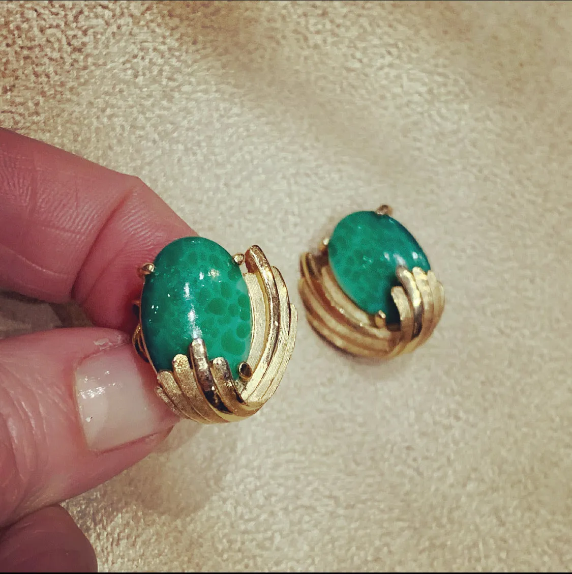 Trifari Vintage Jade glass clip on oval earrings