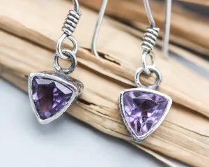 Trillion Amethyst earrings with sterling silver hooks style on the top