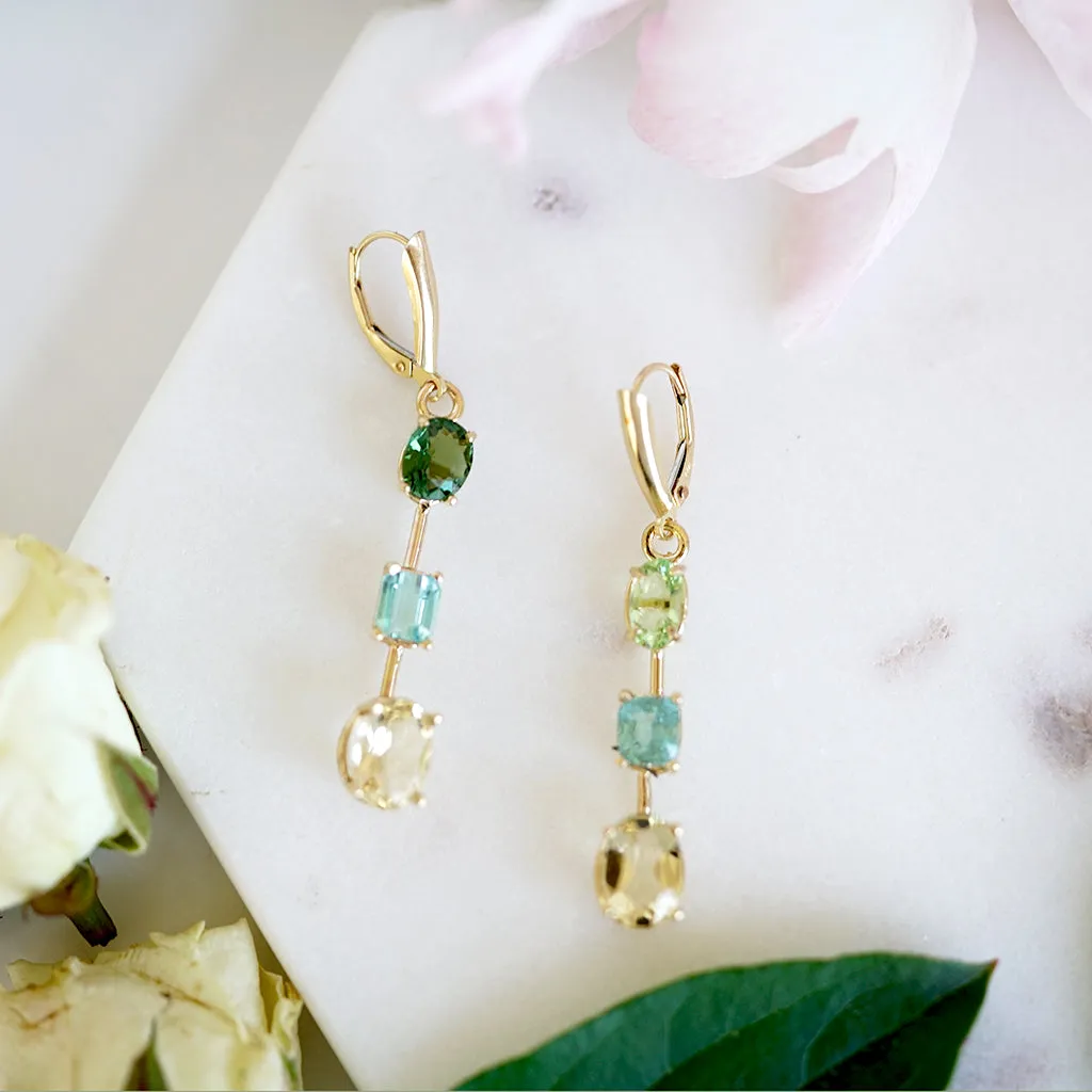 Triple Tourmaline Beryl gold earrings