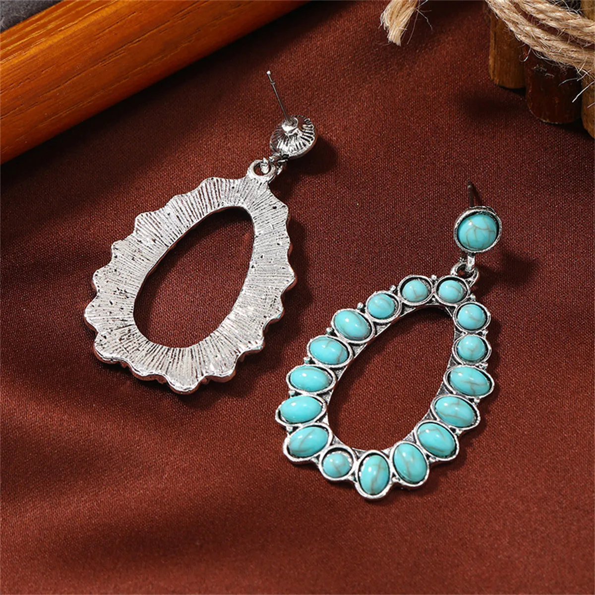 Turquoise & Silver-Plated Open Teardrop Earrings