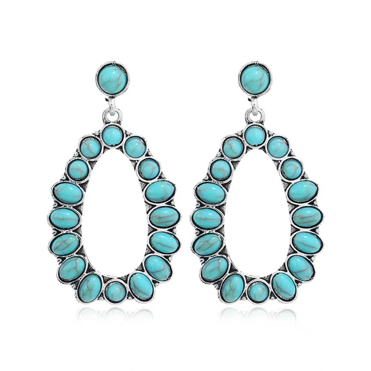 Turquoise & Silver-Plated Open Teardrop Earrings