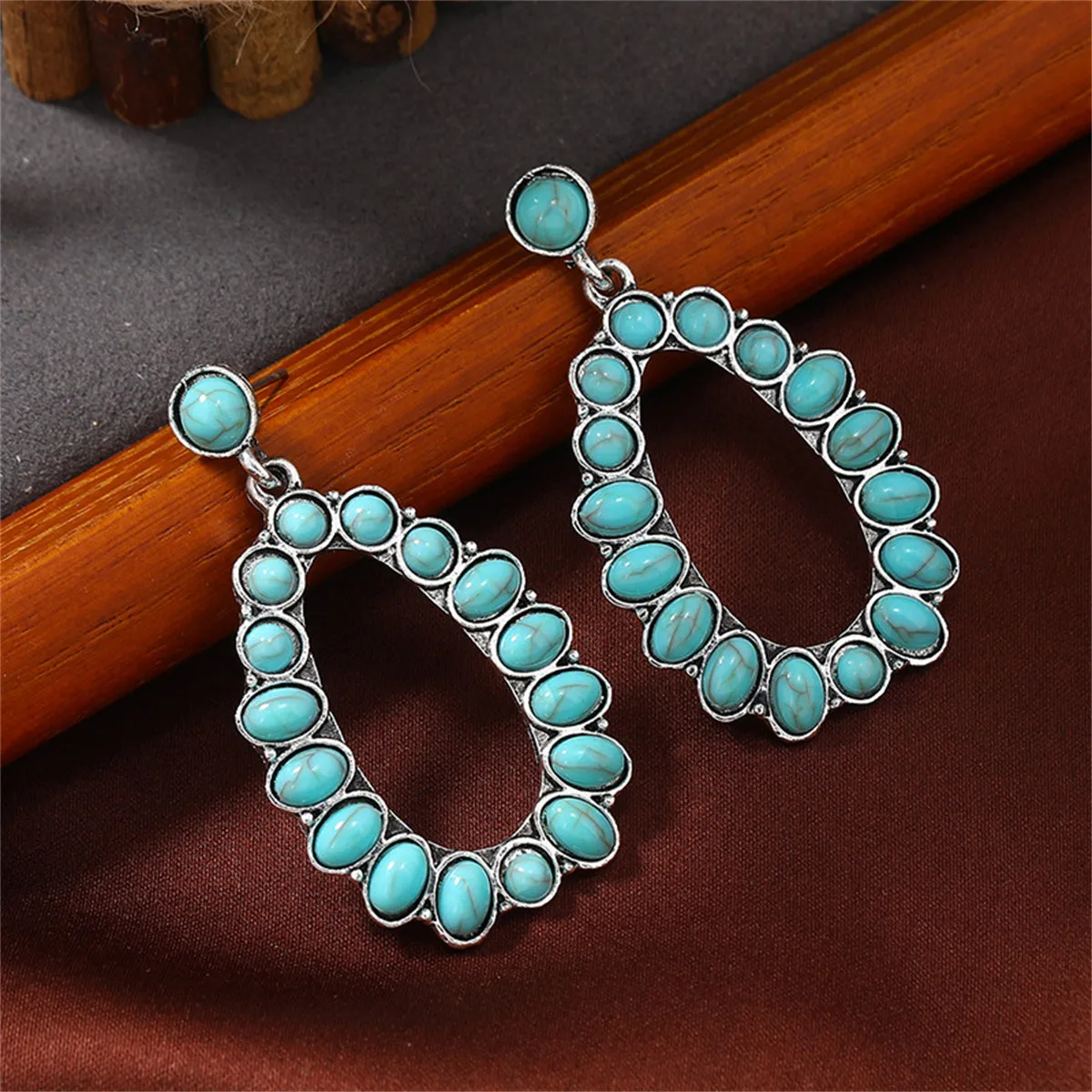 Turquoise & Silver-Plated Open Teardrop Earrings