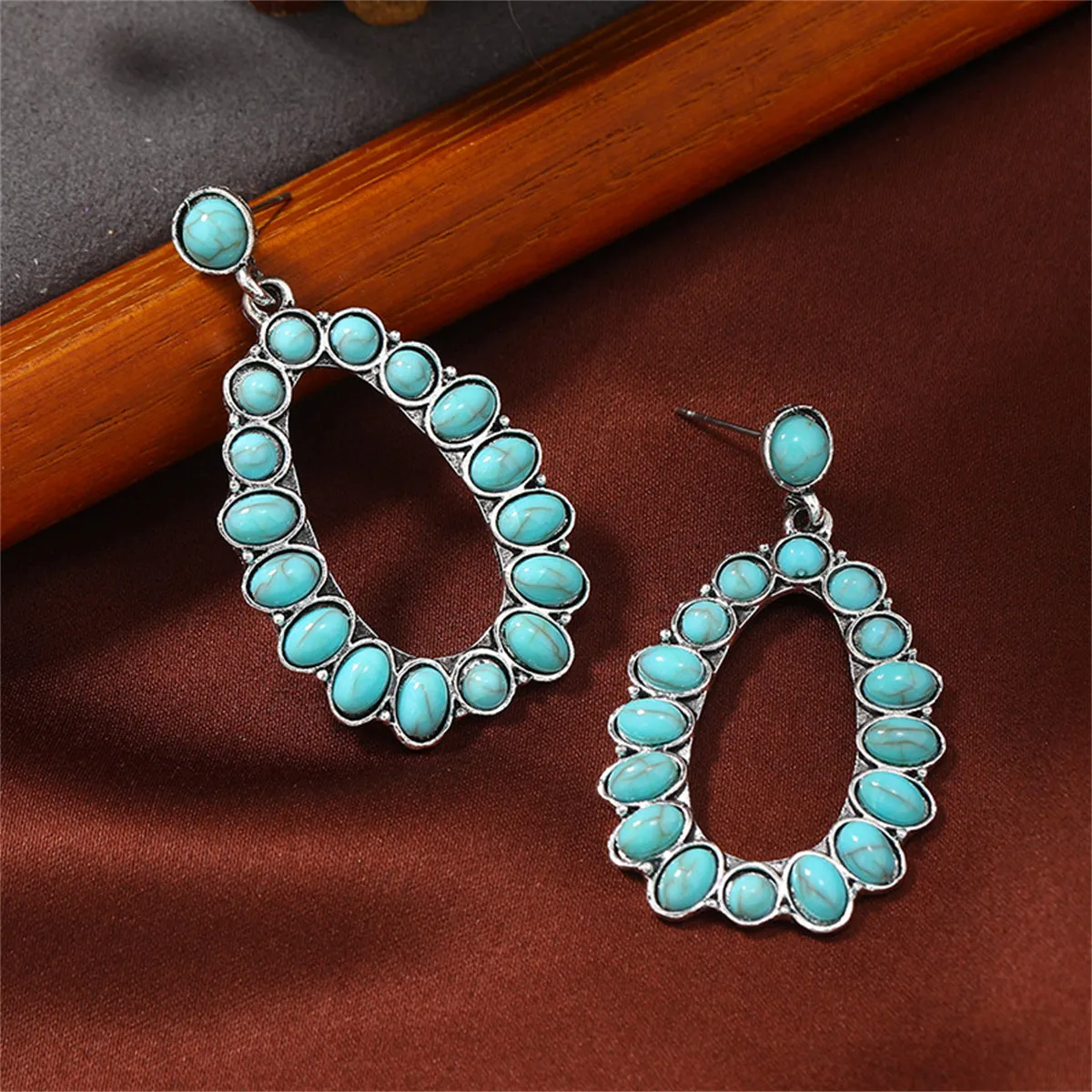 Turquoise & Silver-Plated Open Teardrop Earrings