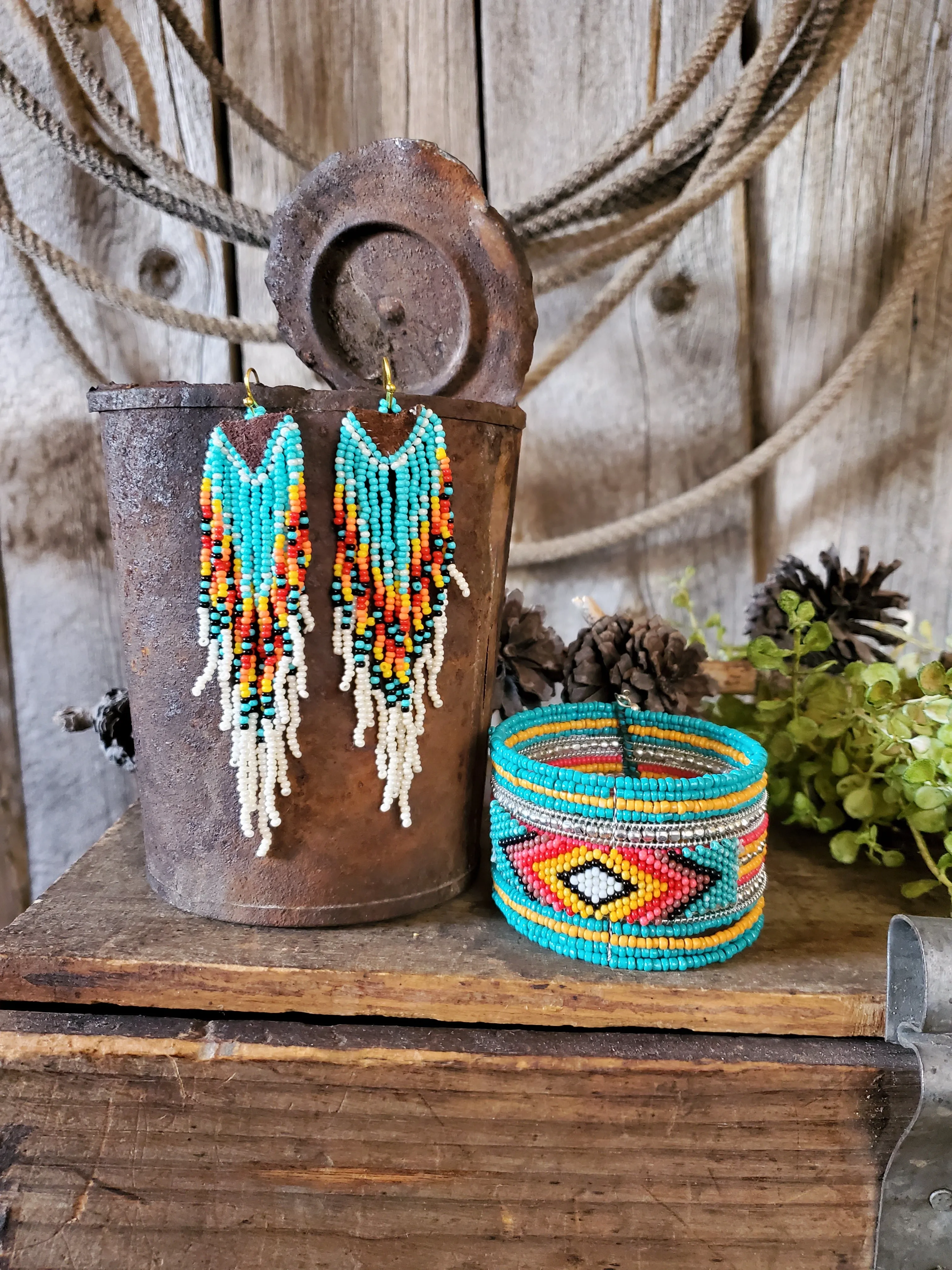 Turquoise and Red Seed Bead Dangle Earrings